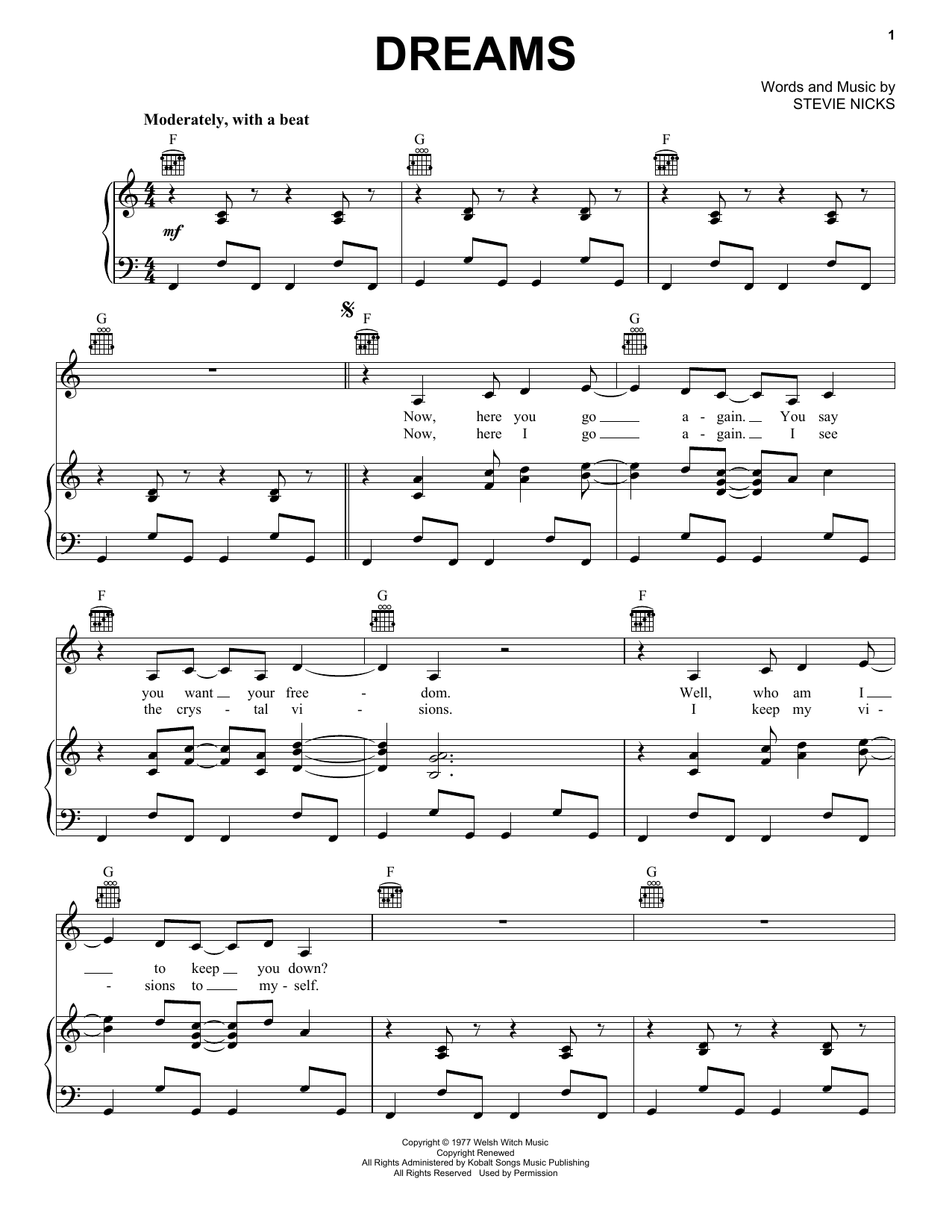 Fleetwood Mac Dreams sheet music notes and chords. Download Printable PDF.