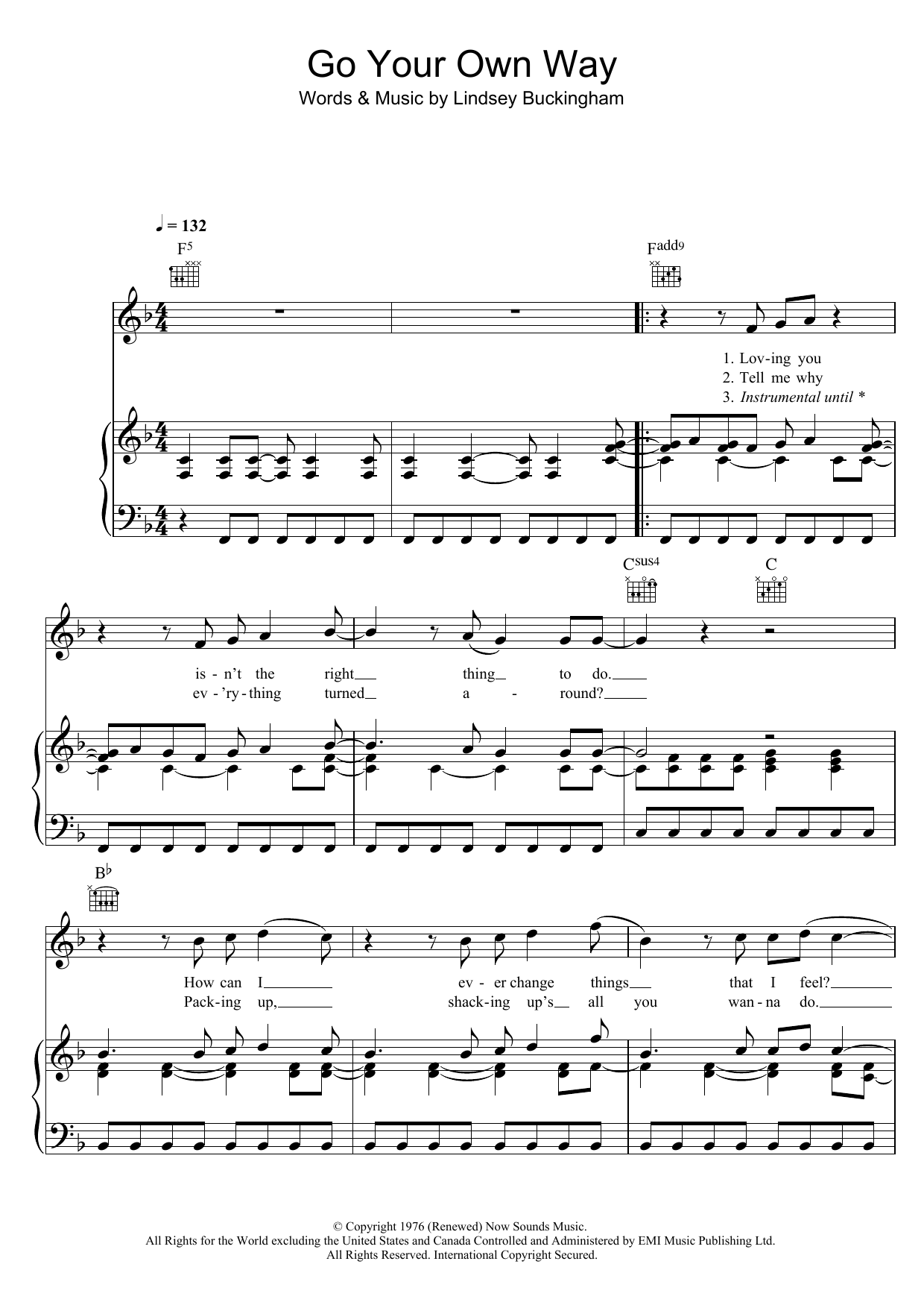 Fleetwood Mac Go Your Own Way sheet music notes and chords. Download Printable PDF.