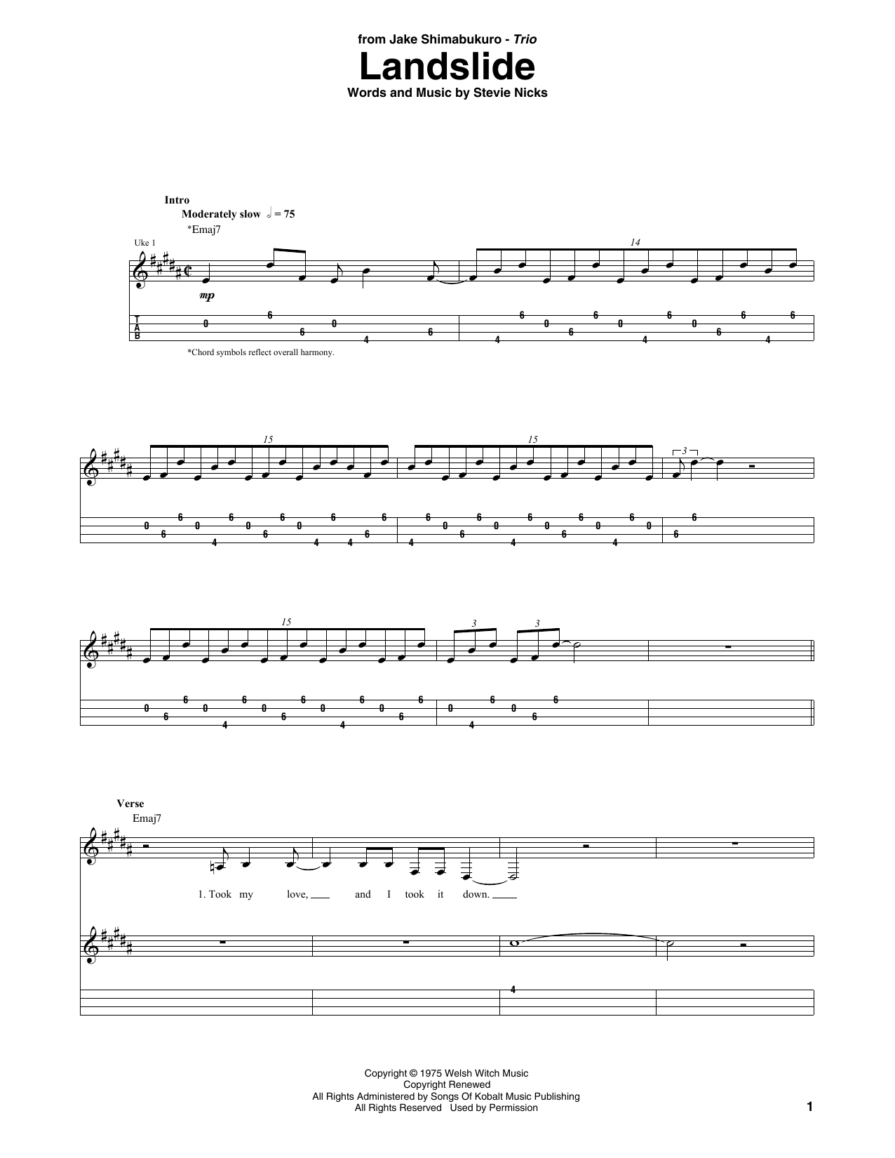 Fleetwood Mac Landslide (arr. Jake Shimabukuro Trio) sheet music notes and chords. Download Printable PDF.