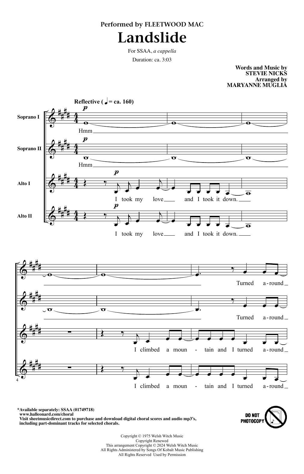 Learn to play Fleetwood Mac Landslide (arr. MaryAnne Muglia) sheet music for SSAA Choir in minutes. Price: 3.9900$ Fleetwood Mac Landslide (arr. MaryAnne Muglia) sheet music notes and chords arranged for SSAA Choir