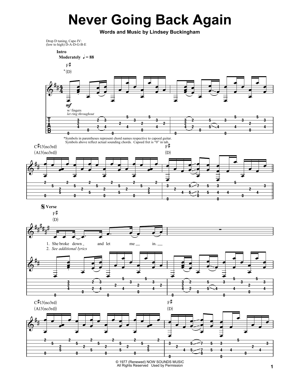 Fleetwood Mac Never Going Back Again sheet music notes and chords. Download Printable PDF.