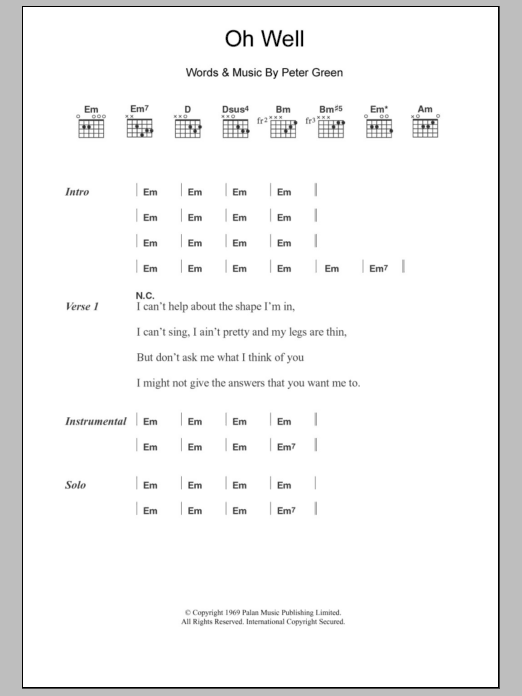 Fleetwood Mac Oh Well sheet music notes and chords. Download Printable PDF.