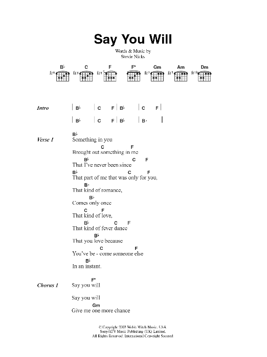 Fleetwood Mac Say You Will sheet music notes and chords arranged for Guitar Chords/Lyrics