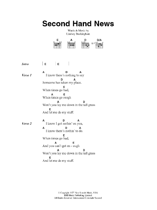 Fleetwood Mac Second Hand News sheet music notes and chords. Download Printable PDF.