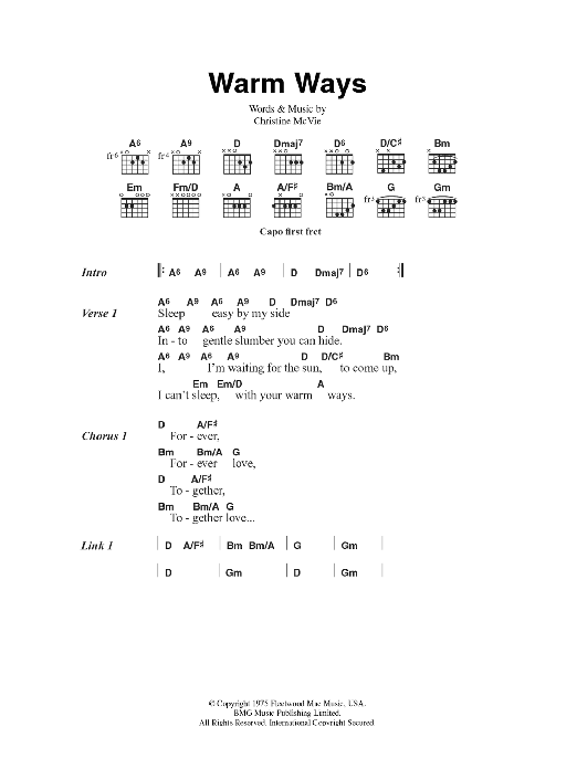 Learn to play Fleetwood Mac Warm Ways sheet music for Guitar Chords/Lyrics in minutes. Price: 4.4900$ Fleetwood Mac Warm Ways sheet music notes and chords arranged for Guitar Chords/Lyrics