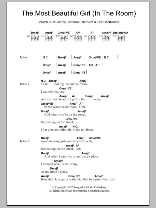 Flight Of The Conchords The Most Beautiful Girl (In The Room) sheet music notes and chords. Download Printable PDF.