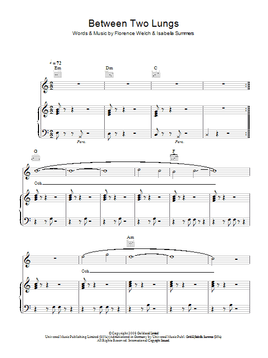 Learn to play Florence And The Machine Between Two Lungs sheet music for Piano, Vocal & Guitar Chords in minutes. Price: 6.9900$ Florence And The Machine Between Two Lungs sheet music notes and chords arranged for Piano, Vocal & Guitar Chords