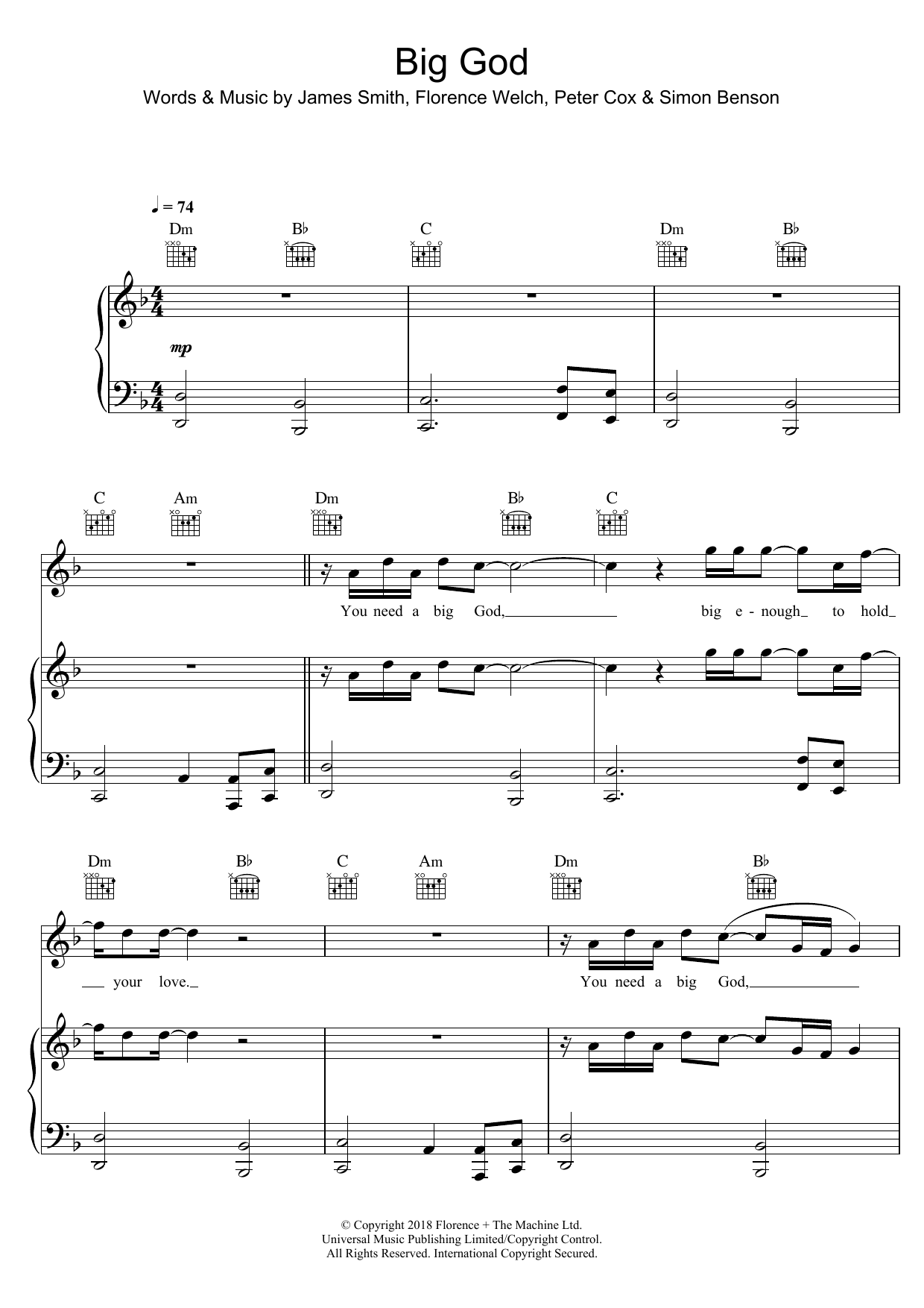 Learn to play Florence And The Machine Big God sheet music for Piano, Vocal & Guitar Chords in minutes. Price: 7.8900$ Florence And The Machine Big God sheet music notes and chords arranged for Piano, Vocal & Guitar Chords