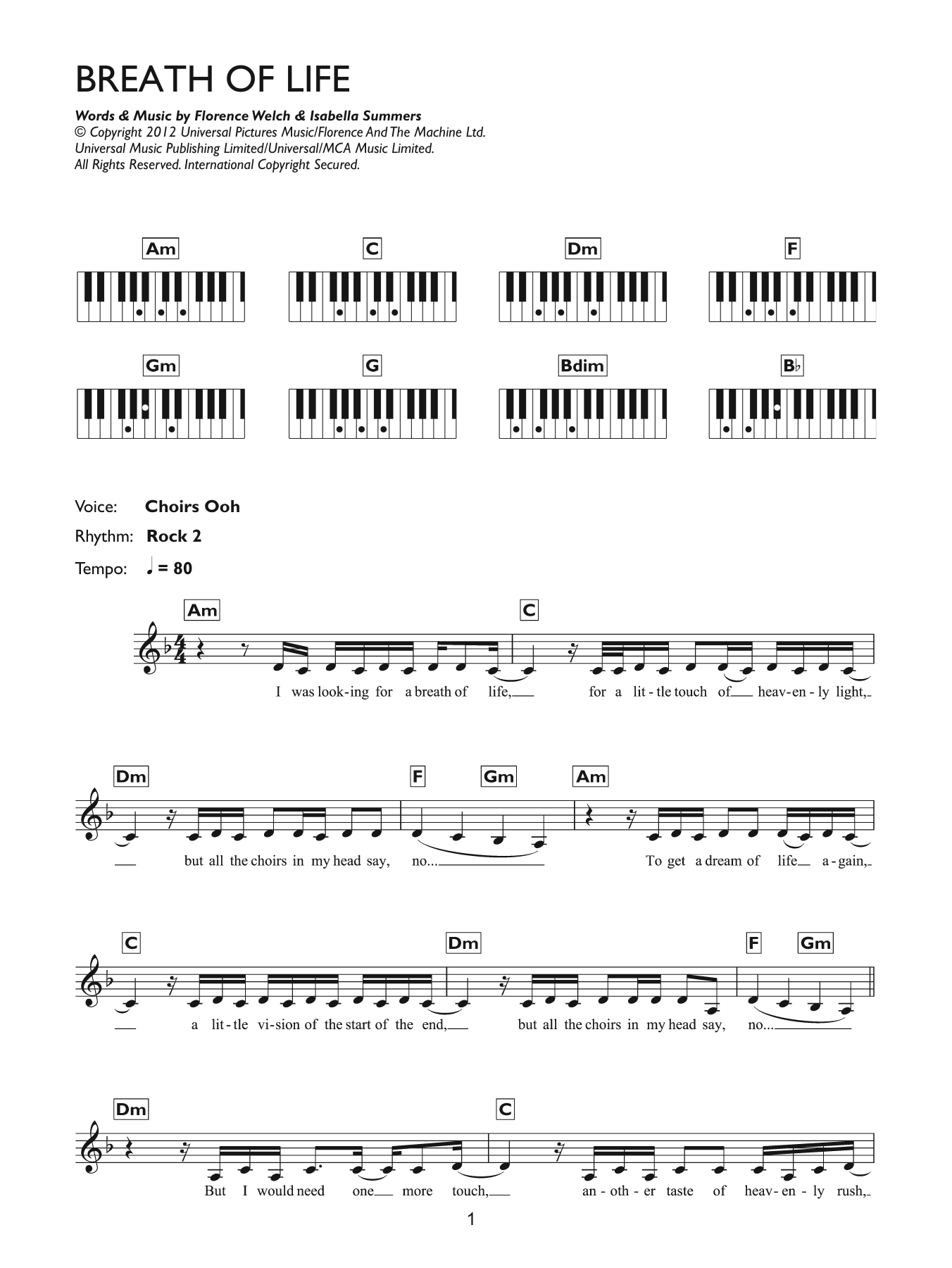 Florence And The Machine Breathe Of Life sheet music notes and chords. Download Printable PDF.