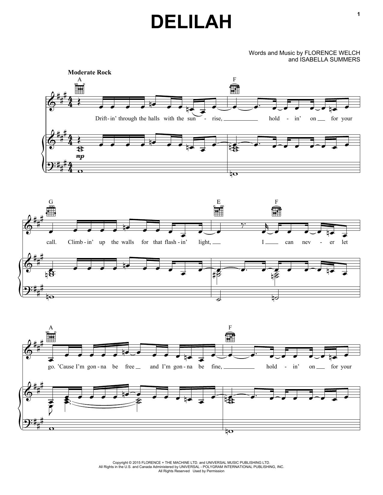 Florence And The Machine Delilah sheet music notes and chords. Download Printable PDF.