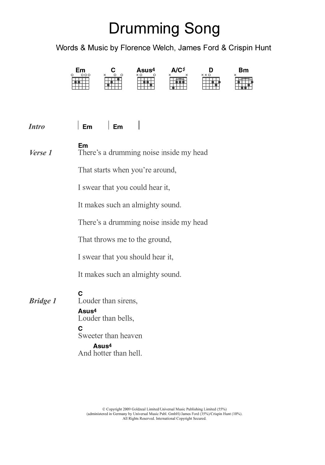 Florence And The Machine Drumming Song sheet music notes and chords. Download Printable PDF.