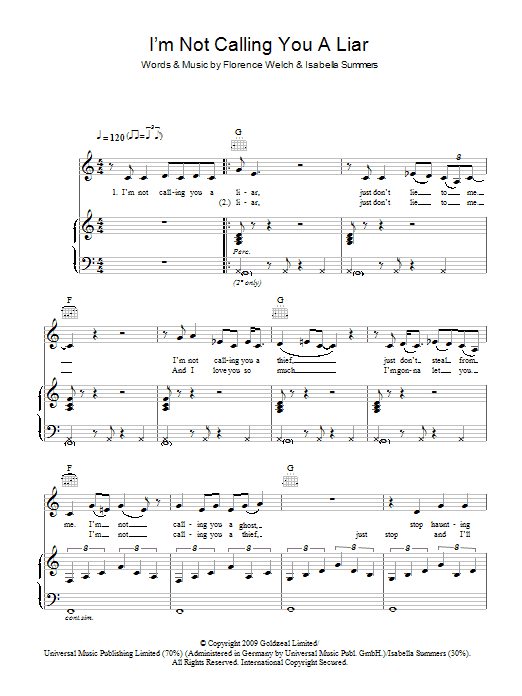 Learn to play Florence And The Machine I'm Not Calling You A Liar sheet music for Piano, Vocal & Guitar Chords in minutes. Price: 6.9900$ Florence And The Machine I'm Not Calling You A Liar sheet music notes and chords arranged for Piano, Vocal & Guitar Chords