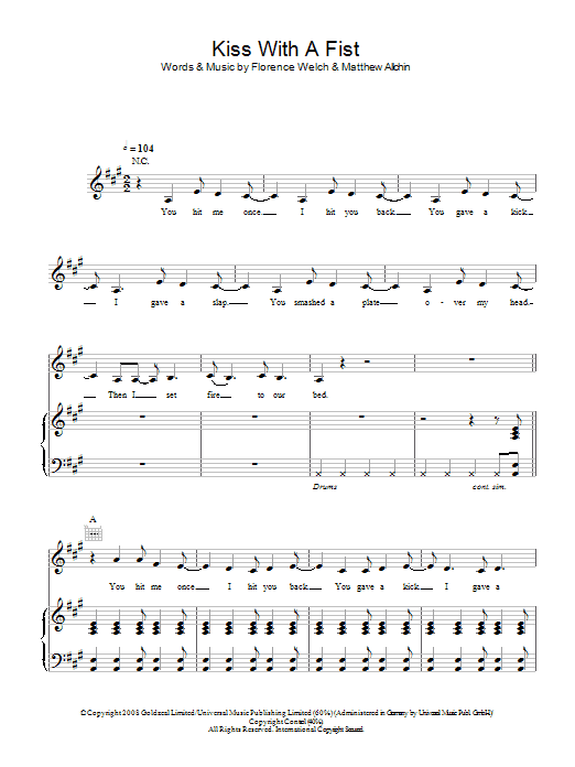 Florence And The Machine Kiss With A Fist sheet music notes and chords arranged for Piano, Vocal & Guitar Chords