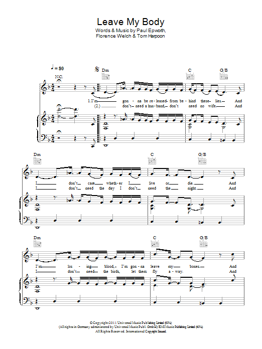Learn to play Florence And The Machine Leave My Body sheet music for Piano, Vocal & Guitar Chords in minutes. Price: 7.8900$ Florence And The Machine Leave My Body sheet music notes and chords arranged for Piano, Vocal & Guitar Chords