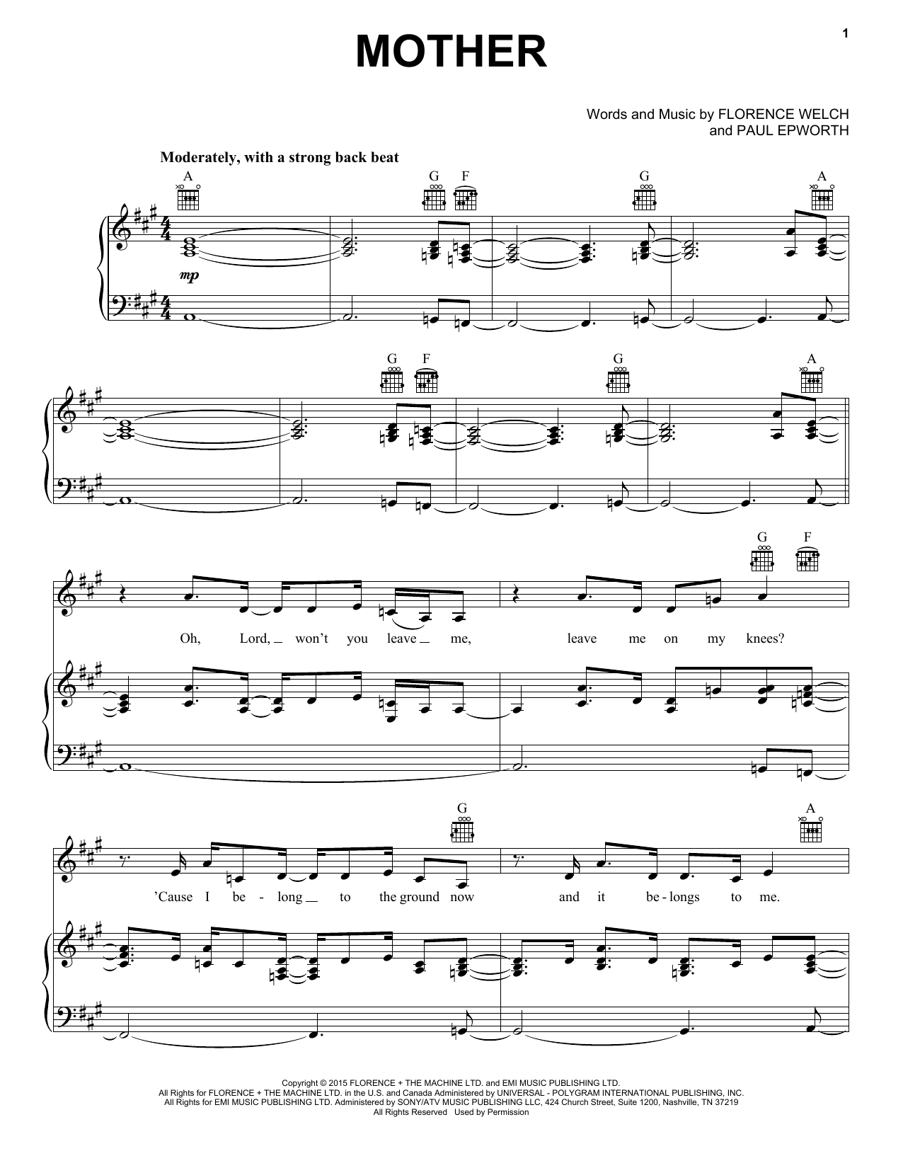 Learn to play Florence And The Machine Mother sheet music for Piano, Vocal & Guitar Chords (Right-Hand Melody) in minutes. Price: 7.8900$ Florence And The Machine Mother sheet music notes and chords arranged for Piano, Vocal & Guitar Chords (Right-Hand Melody)