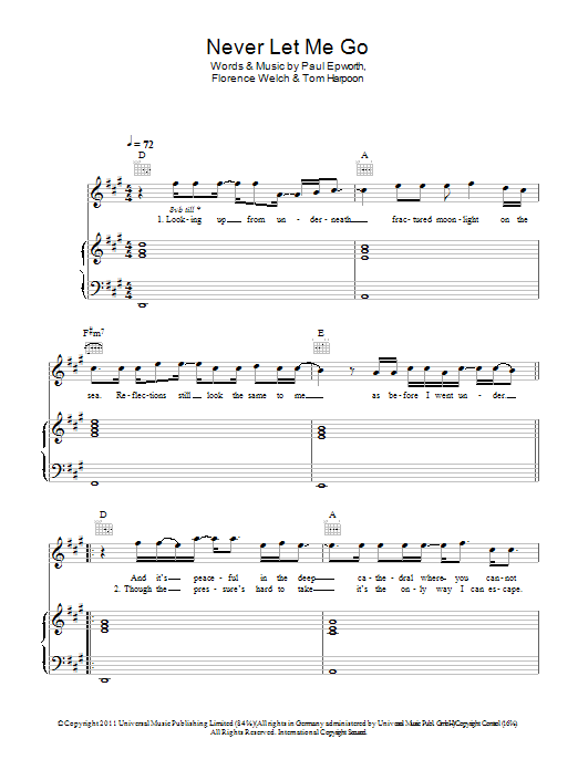 Florence And The Machine Never Let Me Go sheet music notes and chords. Download Printable PDF.