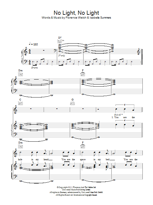 Florence And The Machine No Light, No Light sheet music notes and chords. Download Printable PDF.