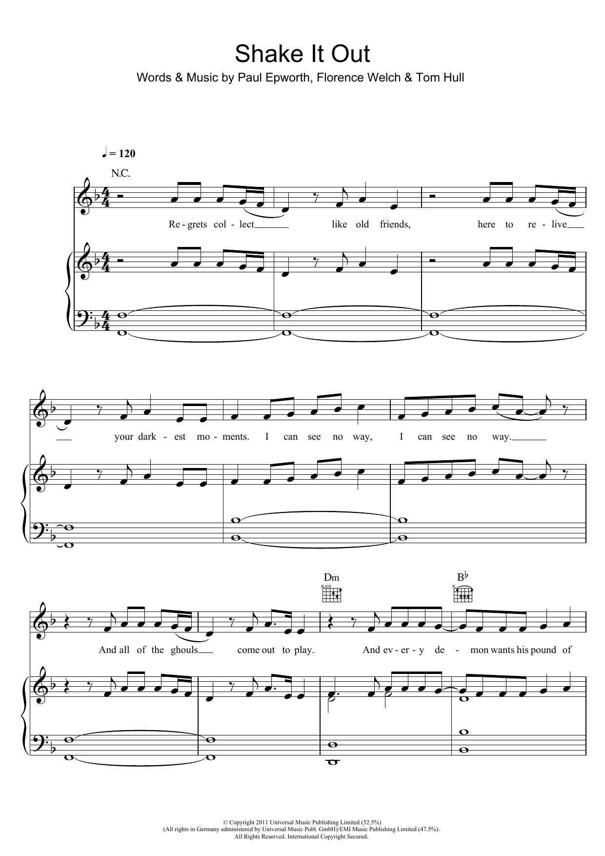 Florence And The Machine Shake It Out sheet music notes and chords. Download Printable PDF.