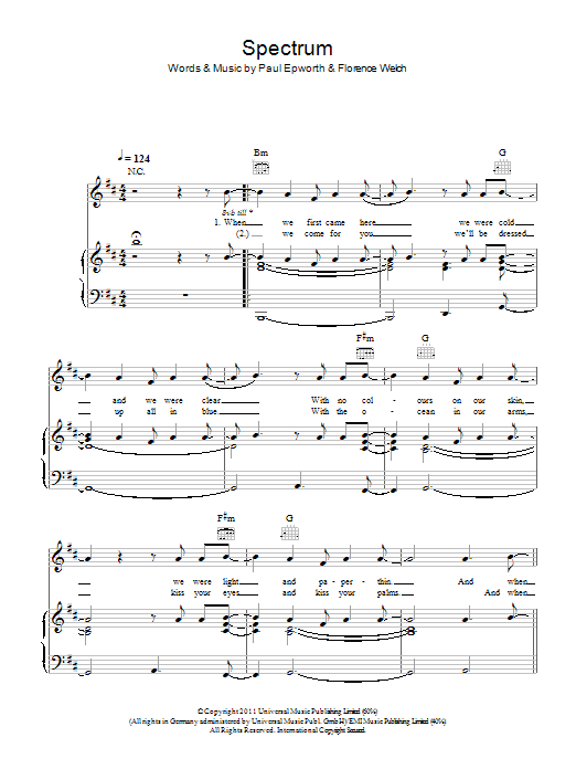 Learn to play Florence And The Machine Spectrum sheet music for Piano, Vocal & Guitar Chords in minutes. Price: 7.8900$ Florence And The Machine Spectrum sheet music notes and chords arranged for Piano, Vocal & Guitar Chords