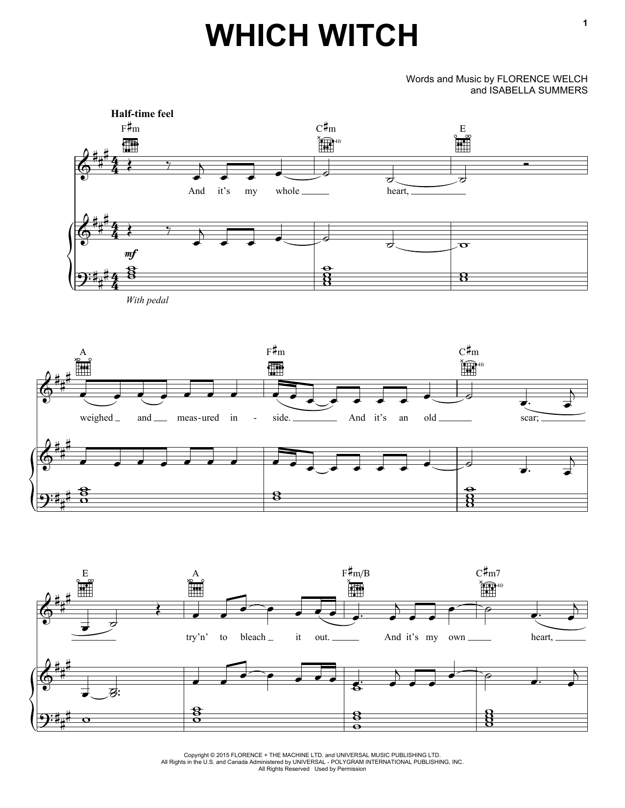 Learn to play Florence And The Machine Which Witch sheet music for Piano, Vocal & Guitar Chords (Right-Hand Melody) in minutes. Price: 7.8900$ Florence And The Machine Which Witch sheet music notes and chords arranged for Piano, Vocal & Guitar Chords (Right-Hand Melody)