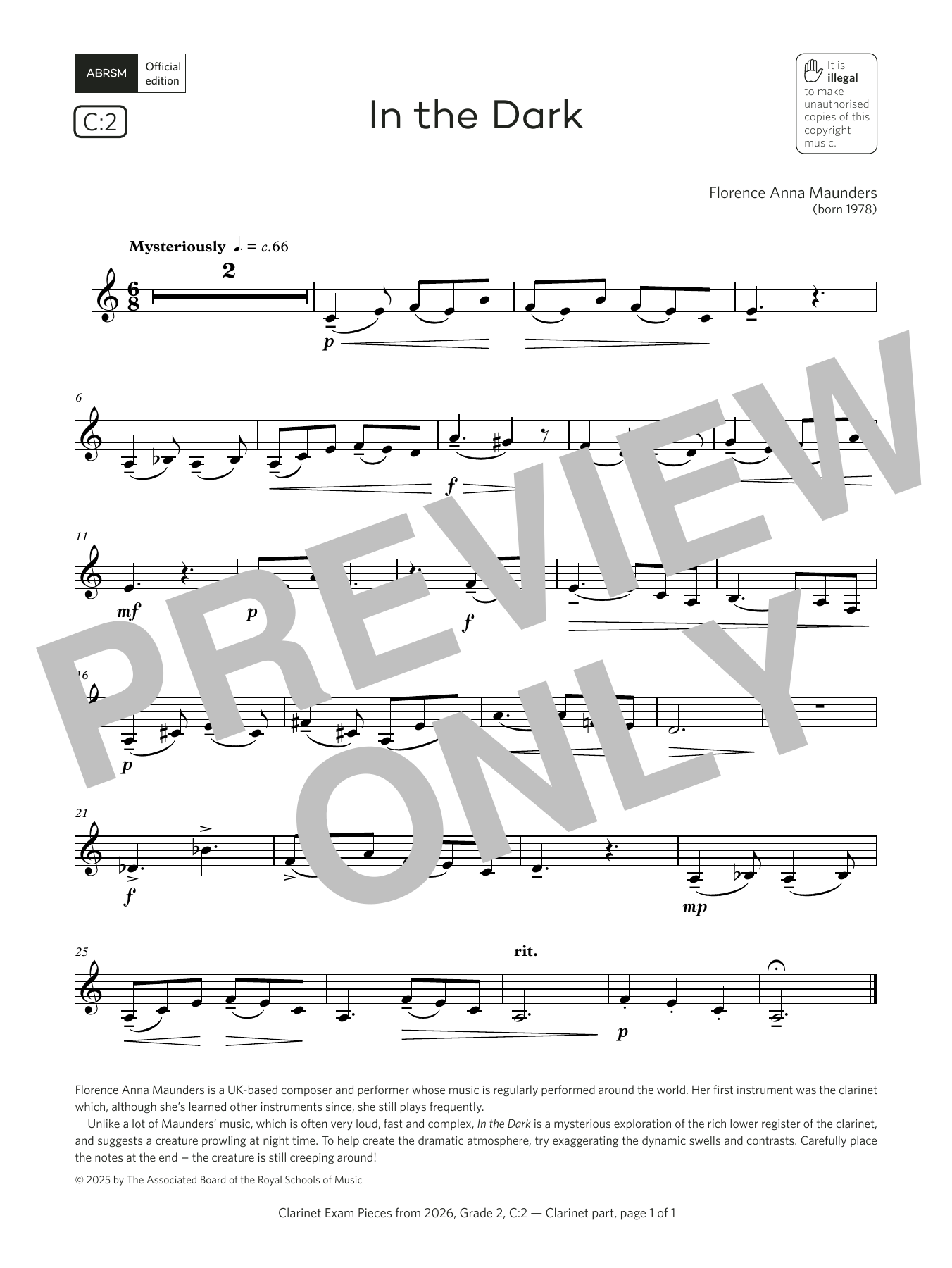 Learn to play Florence Anna Maunders In the Dark (Grade 2, list C2, from the ABRSM Clarinet Syllabus from 2026) sheet music for Clarinet Solo in minutes. Price: 5.9900$ Florence Anna Maunders In the Dark (Grade 2, list C2, from the ABRSM Clarinet Syllabus from 2026) sheet music notes and chords arranged for Clarinet Solo