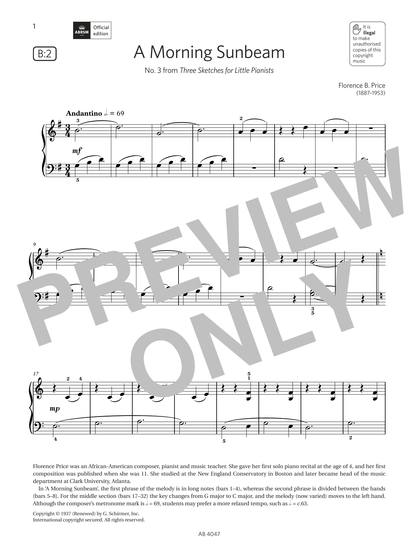 Florence B. Price A Morning Sunbeam (Grade 1, list B2, from the ABRSM Piano Syllabus 2023 & 2024) sheet music notes and chords. Download Printable PDF.