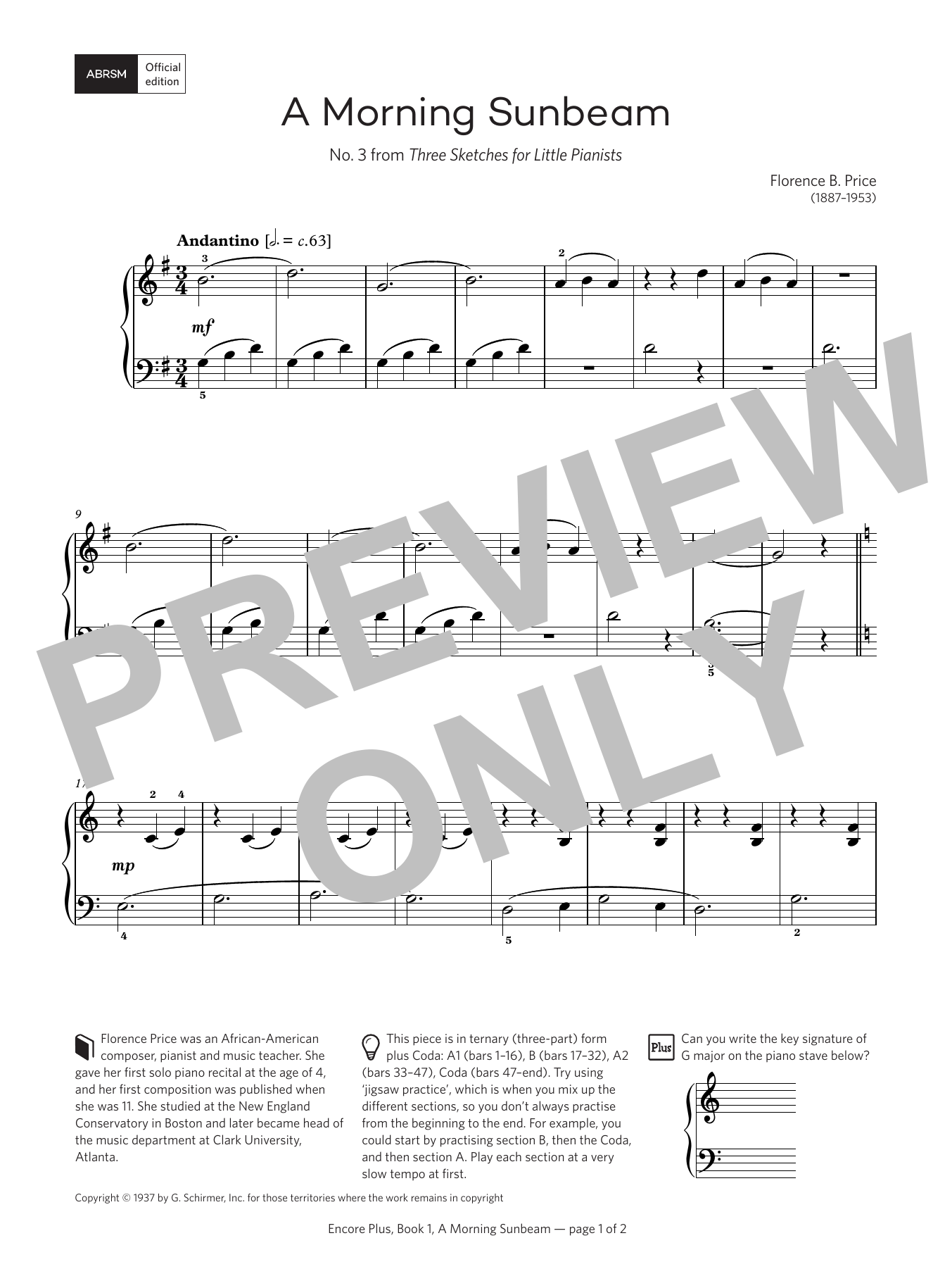 Florence Beatrice Price A Morning Sunbeam (Encore Plus, Book 1) sheet music notes and chords arranged for Piano Solo