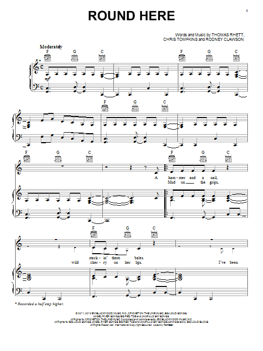 Florida Georgia Line Round Here sheet music notes and chords arranged for Piano, Vocal & Guitar Chords (Right-Hand Melody)