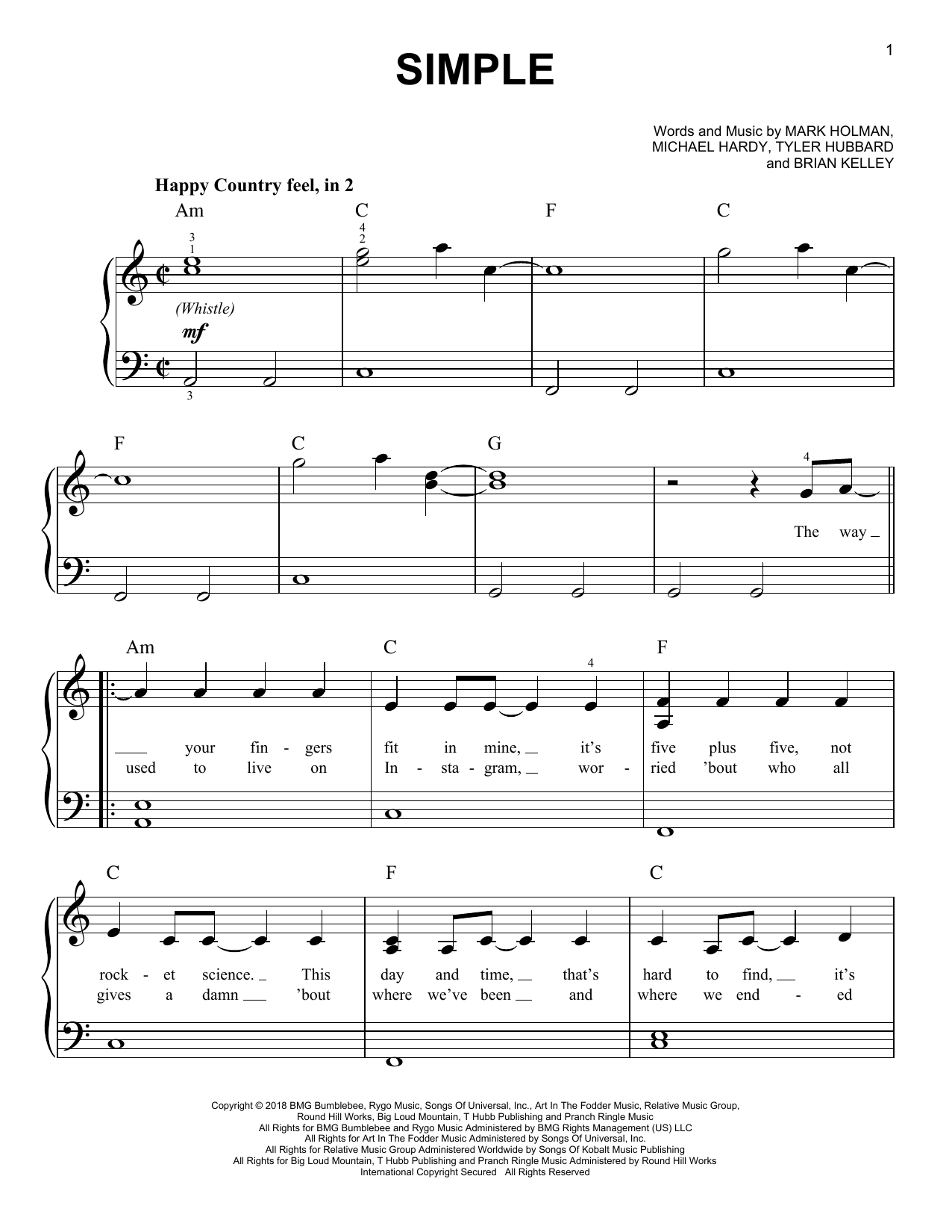 Florida Georgia Line Simple sheet music notes and chords. Download Printable PDF.