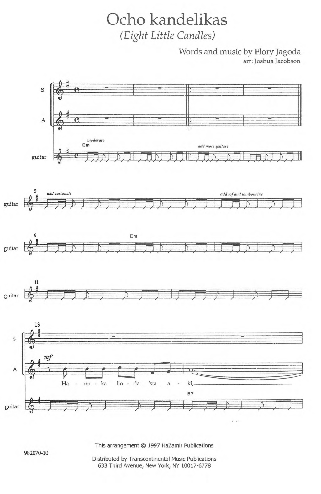 Flory Jagoda Ocho Kandelikas (arr. Joshua Jacobson) sheet music notes and chords. Download Printable PDF.