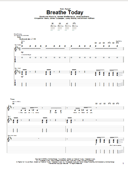 Learn to play Flyleaf Breathe Today sheet music for Guitar Tab in minutes. Price: 7.8900$ Flyleaf Breathe Today sheet music notes and chords arranged for Guitar Tab