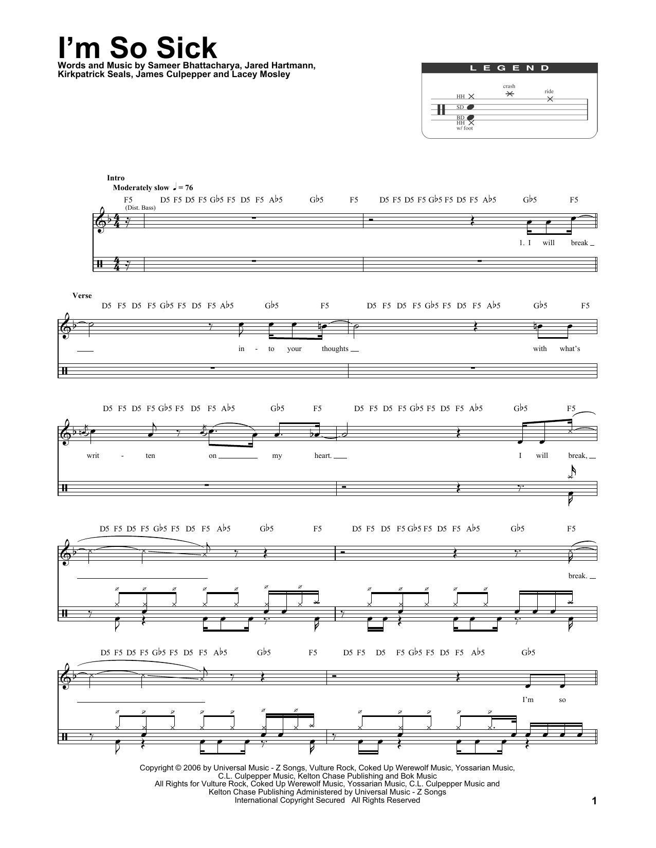 Flyleaf I'm So Sick sheet music notes and chords. Download Printable PDF.