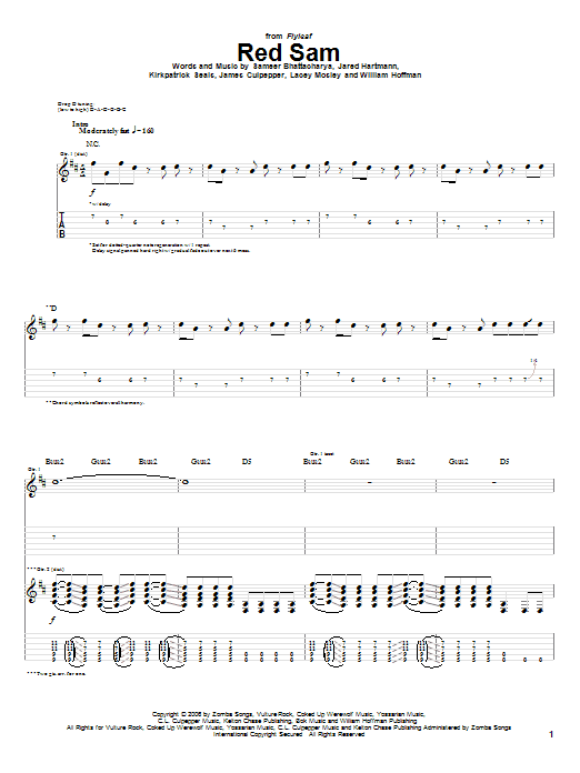Learn to play Flyleaf Red Sam sheet music for Guitar Tab in minutes. Price: 7.8900$ Flyleaf Red Sam sheet music notes and chords arranged for Guitar Tab