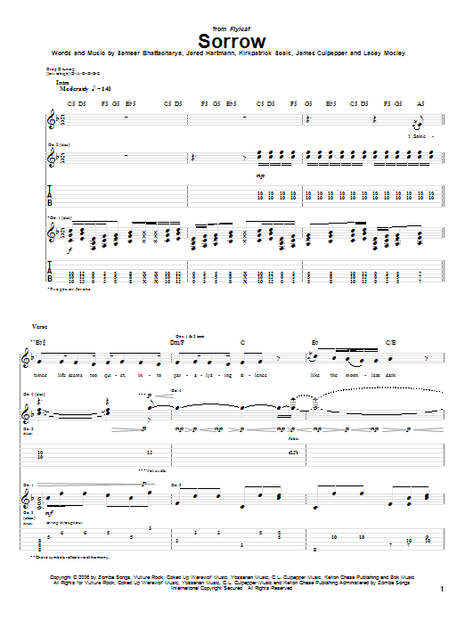 Learn to play Flyleaf Sorrow sheet music for Guitar Tab in minutes. Price: 7.8900$ Flyleaf Sorrow sheet music notes and chords arranged for Guitar Tab