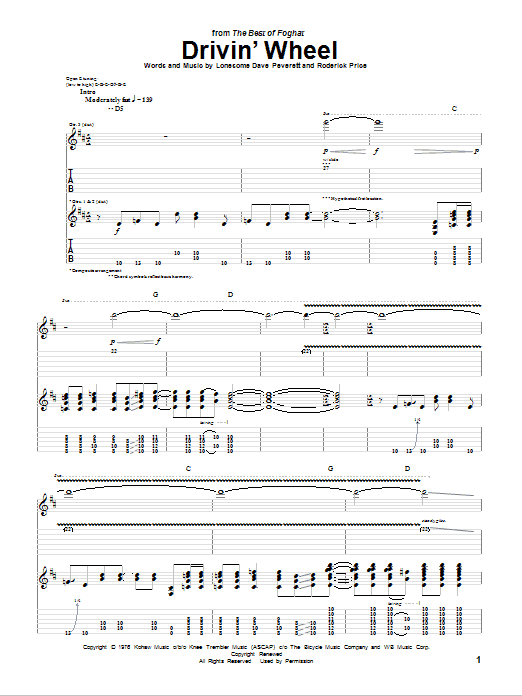 Foghat Drivin' Wheel sheet music notes and chords. Download Printable PDF.