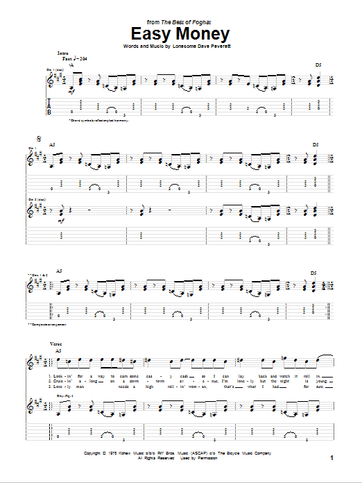 Foghat Easy Money sheet music notes and chords. Download Printable PDF.