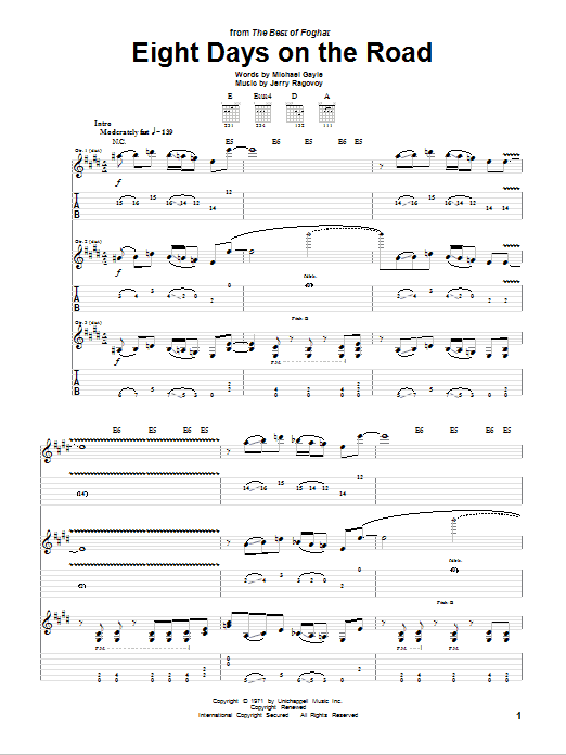 Foghat Eight Days On The Road sheet music notes and chords. Download Printable PDF.