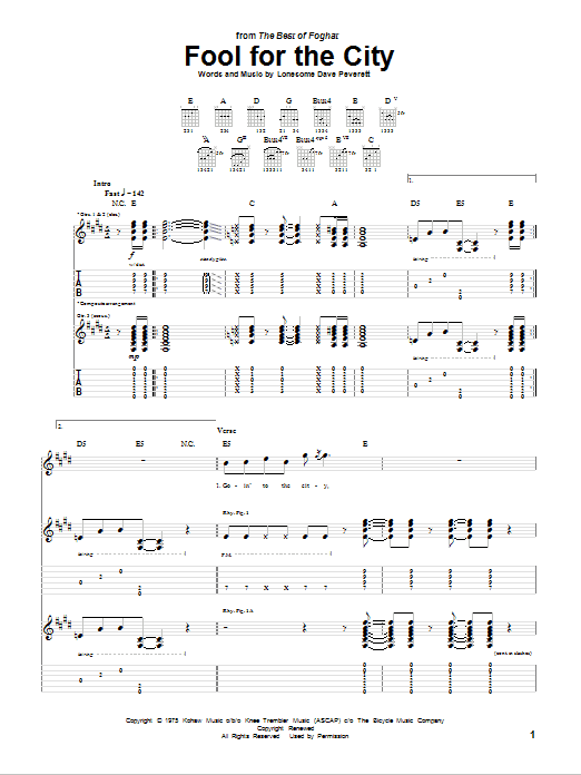 Learn to play Foghat Fool For The City sheet music for Guitar Tab in minutes. Price: 7.8900$ Foghat Fool For The City sheet music notes and chords arranged for Guitar Tab