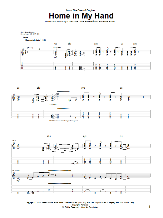 Foghat Home In My Hand sheet music notes and chords. Download Printable PDF.