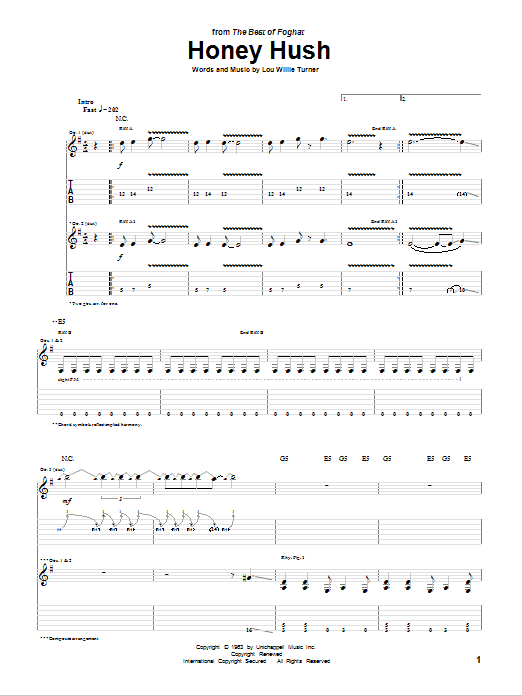 Foghat Honey Hush sheet music notes and chords. Download Printable PDF.