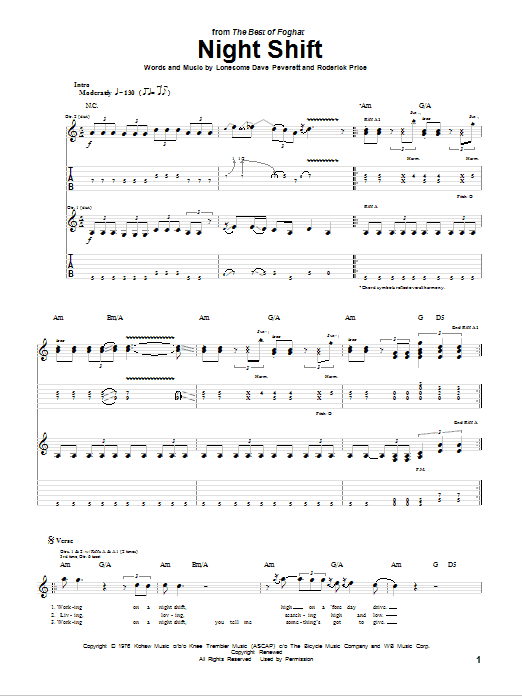 Foghat Night Shift sheet music notes and chords. Download Printable PDF.