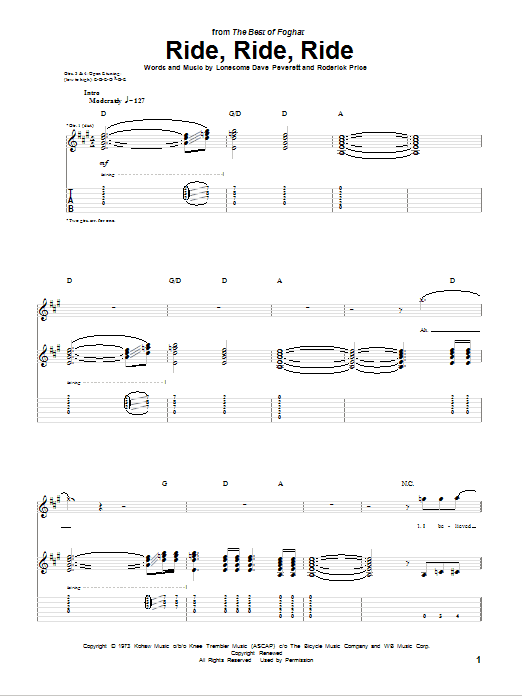 Foghat Ride, Ride, Ride sheet music notes and chords. Download Printable PDF.