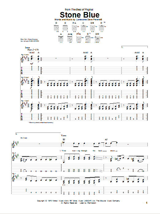 Foghat Stone Blue sheet music notes and chords. Download Printable PDF.