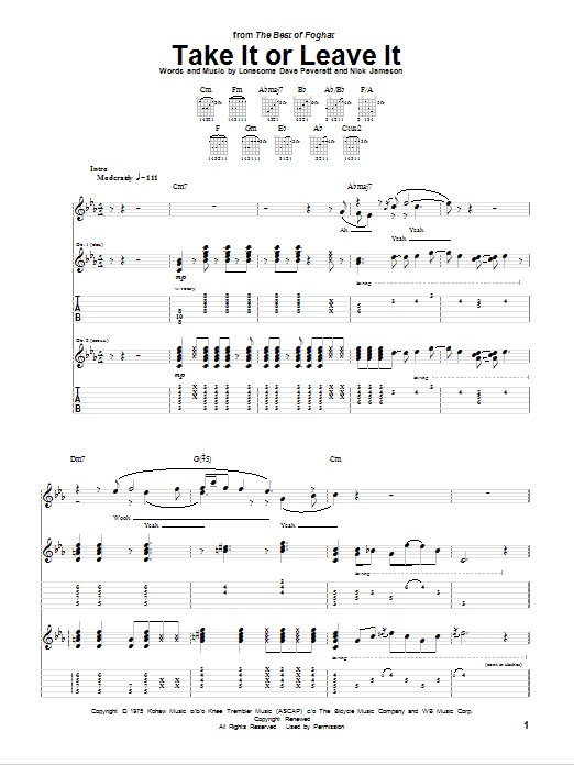 Foghat Take It Or Leave It sheet music notes and chords. Download Printable PDF.