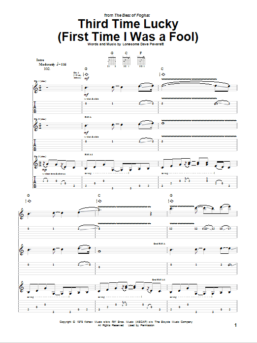 Foghat Third Time Lucky (First Time I Was A Fool) sheet music notes and chords. Download Printable PDF.