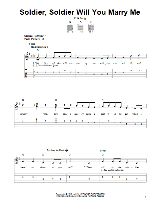 Folk Song Soldier, Soldier Will You Marry Me sheet music notes and chords. Download Printable PDF.