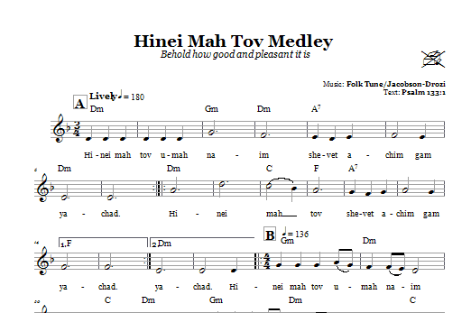 Folk Tune Hinei Mah Tov Medley (Behold How Good And Pleasant It Is) sheet music notes and chords. Download Printable PDF.