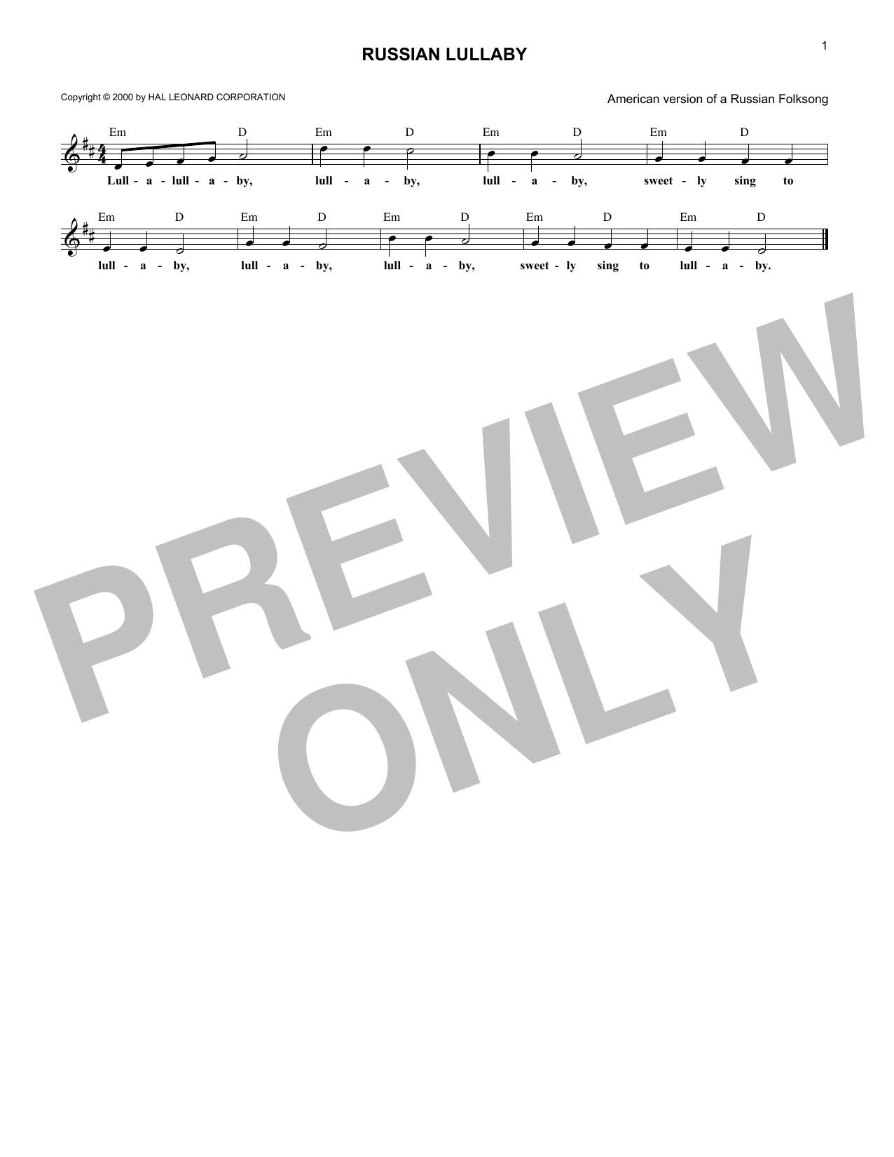 Folksong Russian Lullaby sheet music notes and chords. Download Printable PDF.