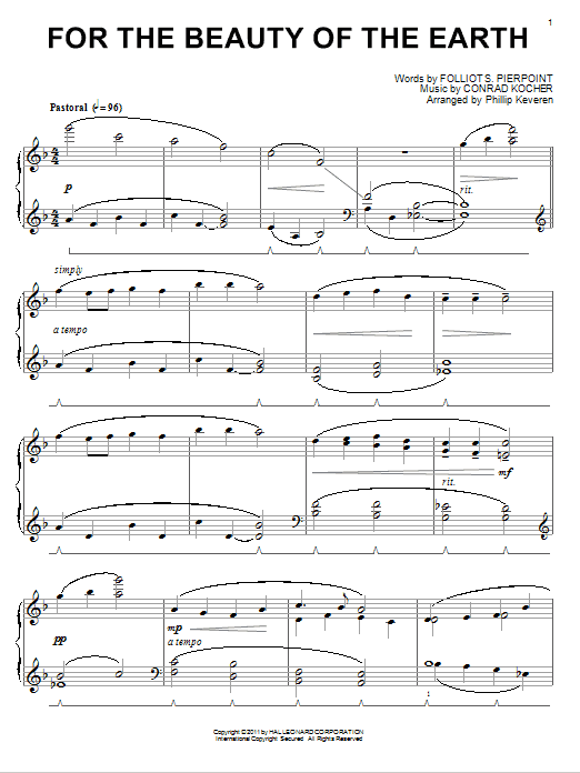 Folliot S. Pierpoint For The Beauty Of The Earth [Classical version] (arr. Phillip Keveren) sheet music notes and chords arranged for Piano Solo