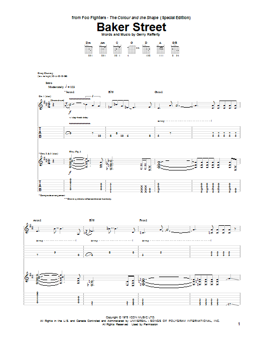 Foo Fighters Baker Street sheet music notes and chords arranged for Guitar Tab